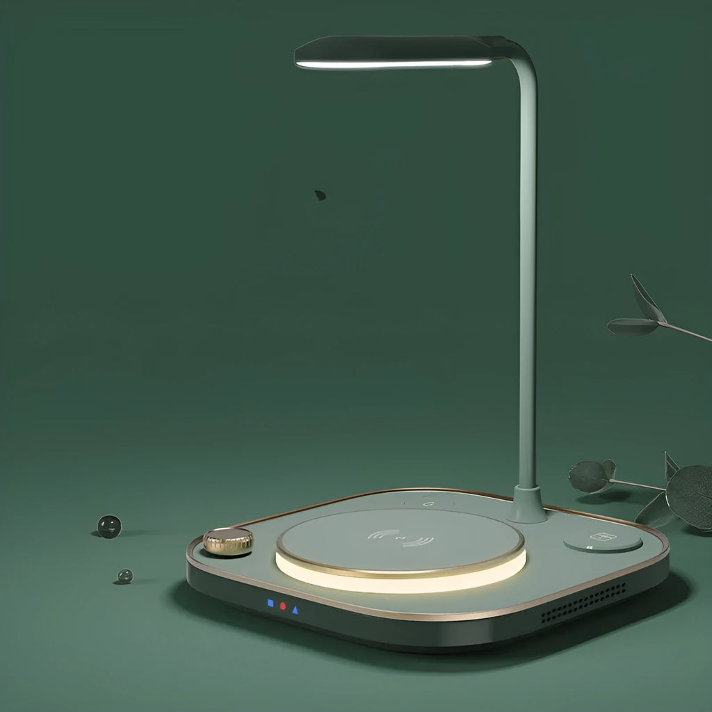 Wireless magnetic charging dock with desk lamp showing phone charging on magnetic holder