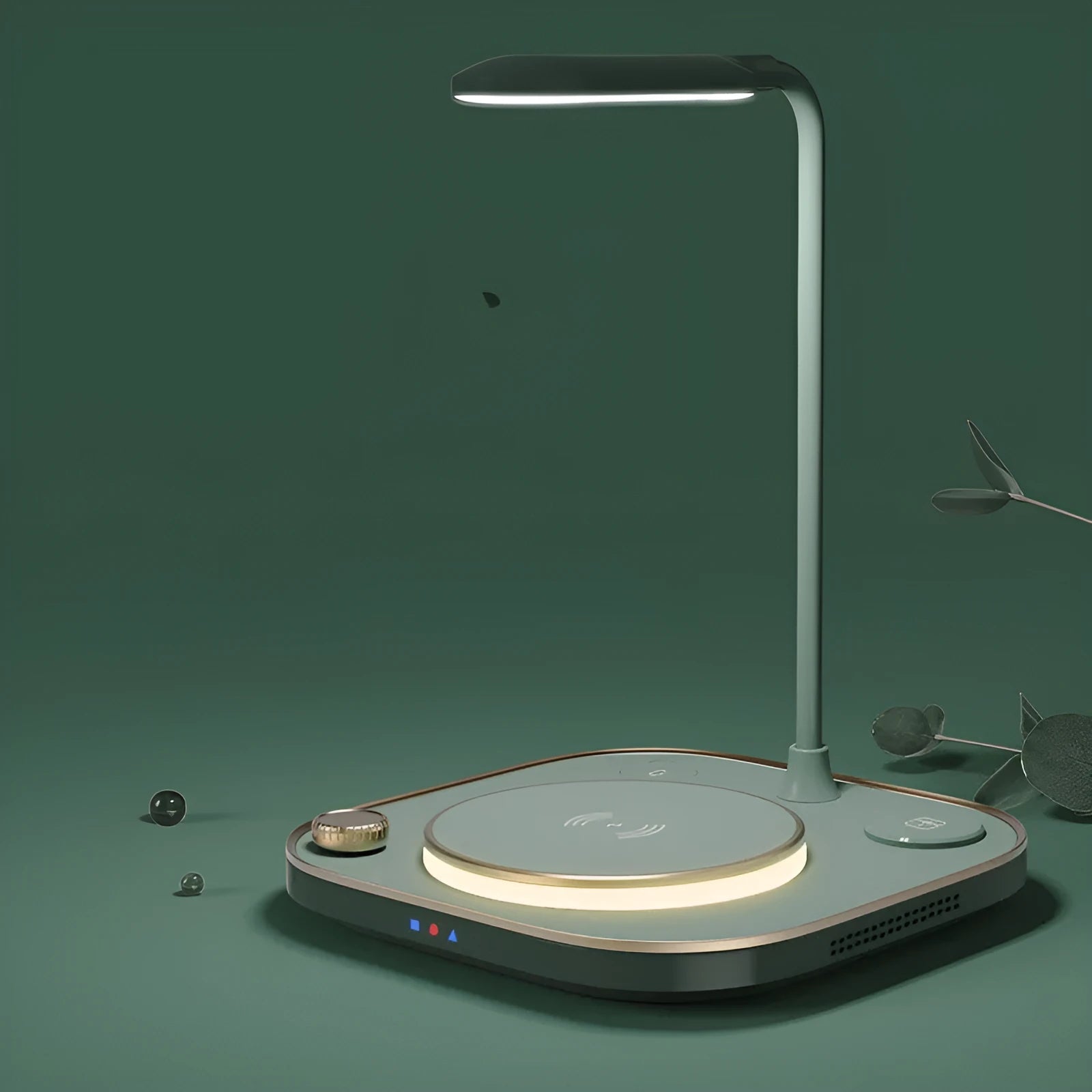 Wireless magnetic charging dock with desk lamp showing phone charging on magnetic holder