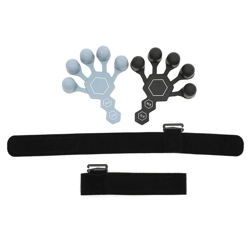 Grey and black silicone hand trainer brace for five-finger rehabilitation and strength training