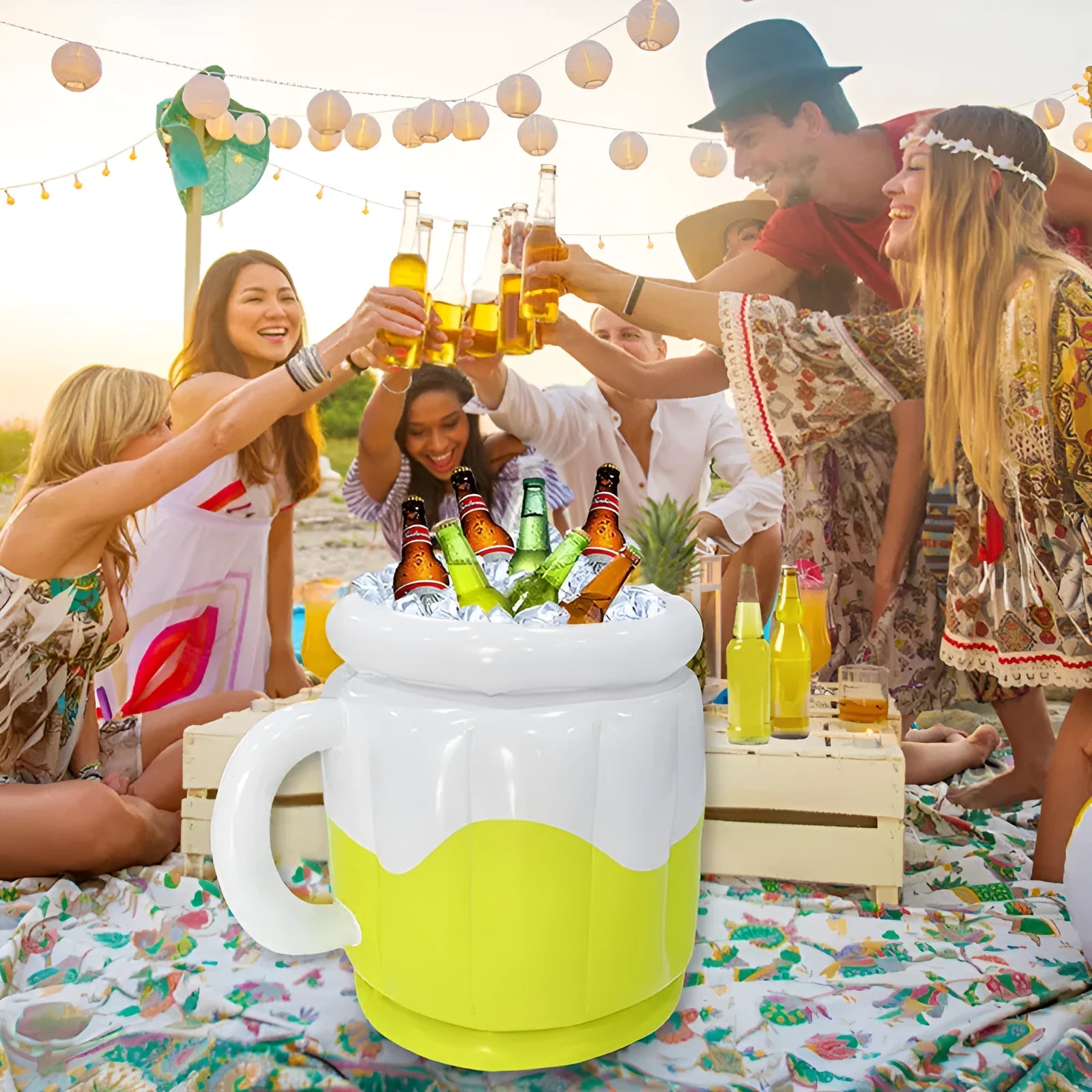 Yellow inflatable PVC ice bucket for portable drinks cooling at outdoor events