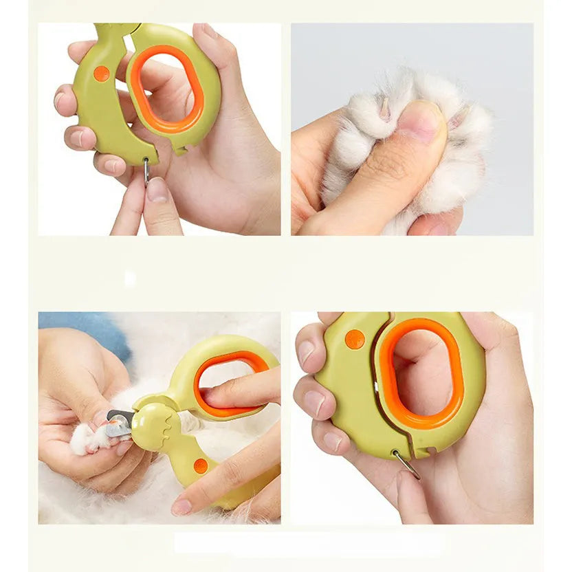 LED illuminated pet nail clippers for cats and dogs showing quick-light technology and non-slip handles