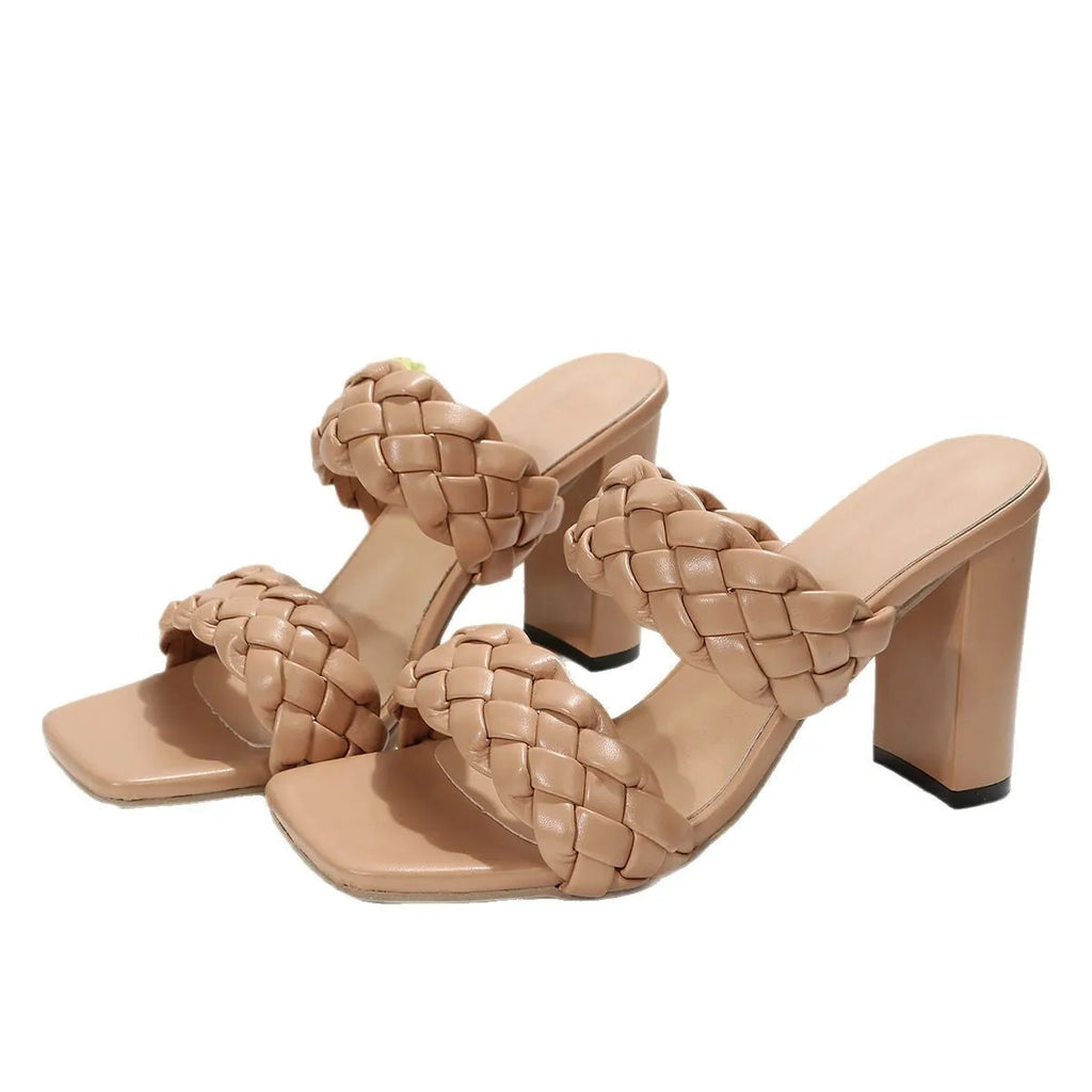 Square toe woven flip flops with chunky heel in apricot colour on a white background.