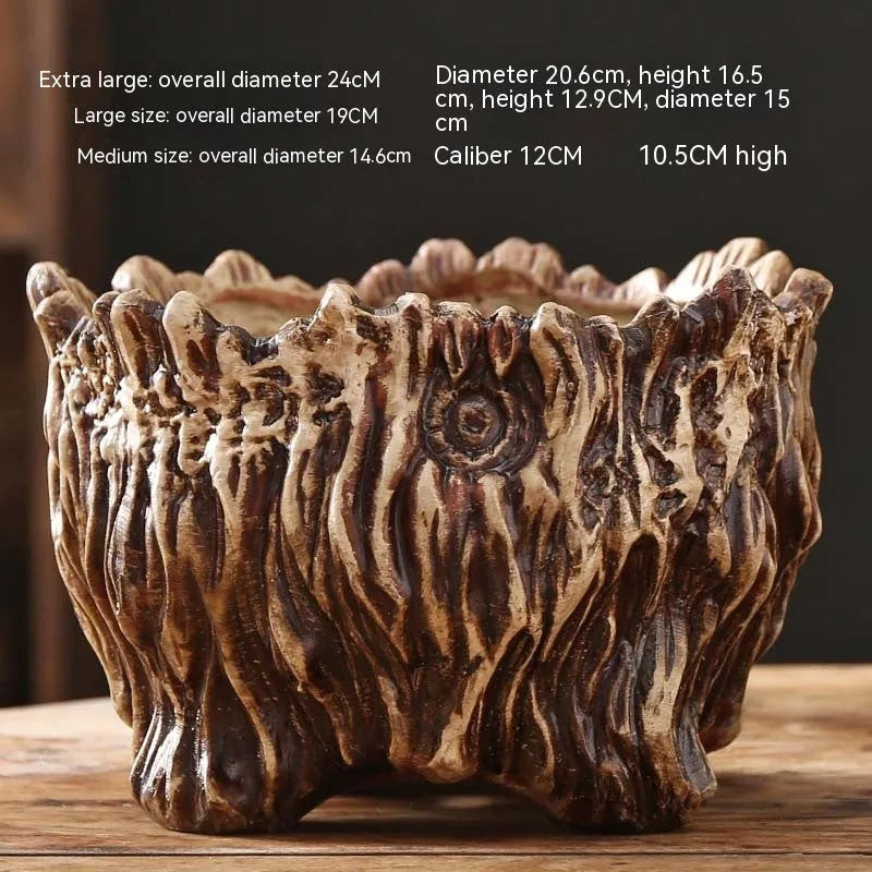 Ceramic wood-shaped tree root flower pot with green plant, large size, pastoral style for home gardening