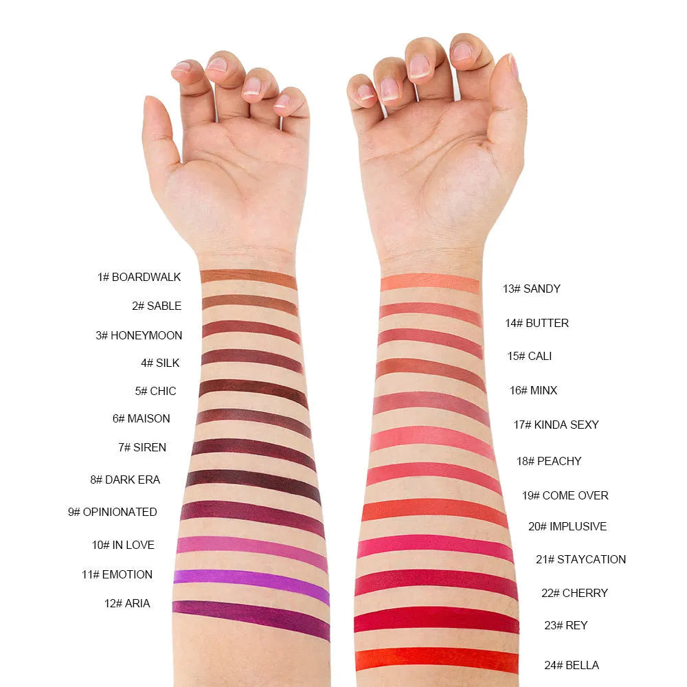 Matte finish lipstick in 24 colour shades with waterproof non-transfer formula