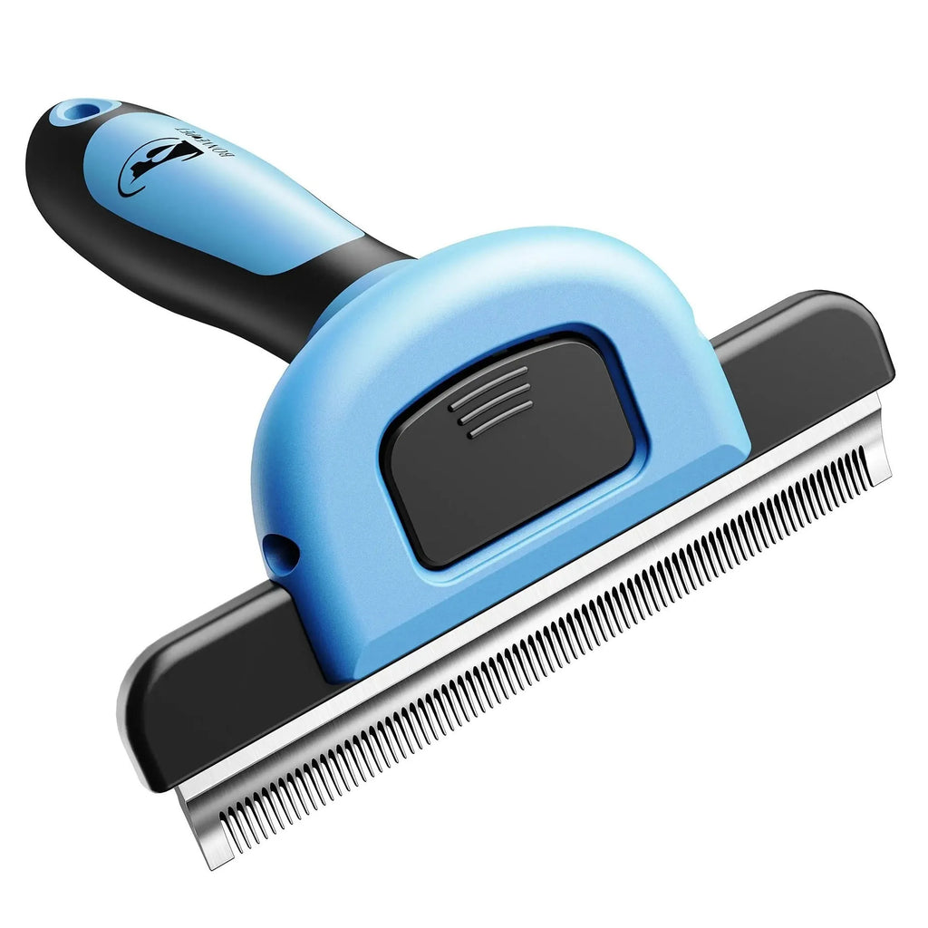 Dual-sided dog grooming comb showing stainless steel hair removal teeth and plastic knot untangling teeth