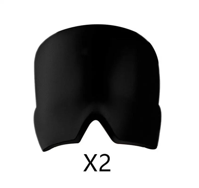Black elastic gel ice mask for headache relief with adjustable strap, shown on a white background.