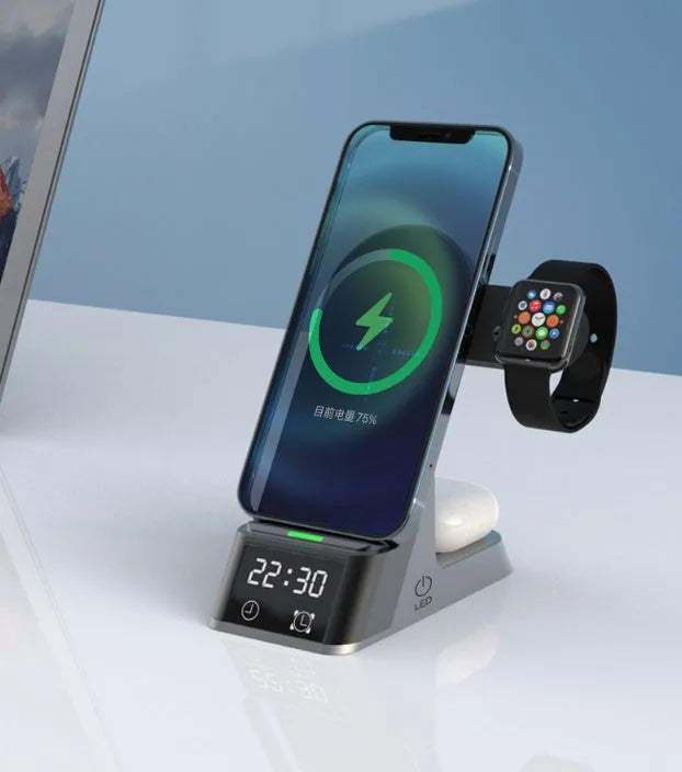 Black multifunctional wireless charging alarm clock dock for phone, Apple Watch, and earbuds.