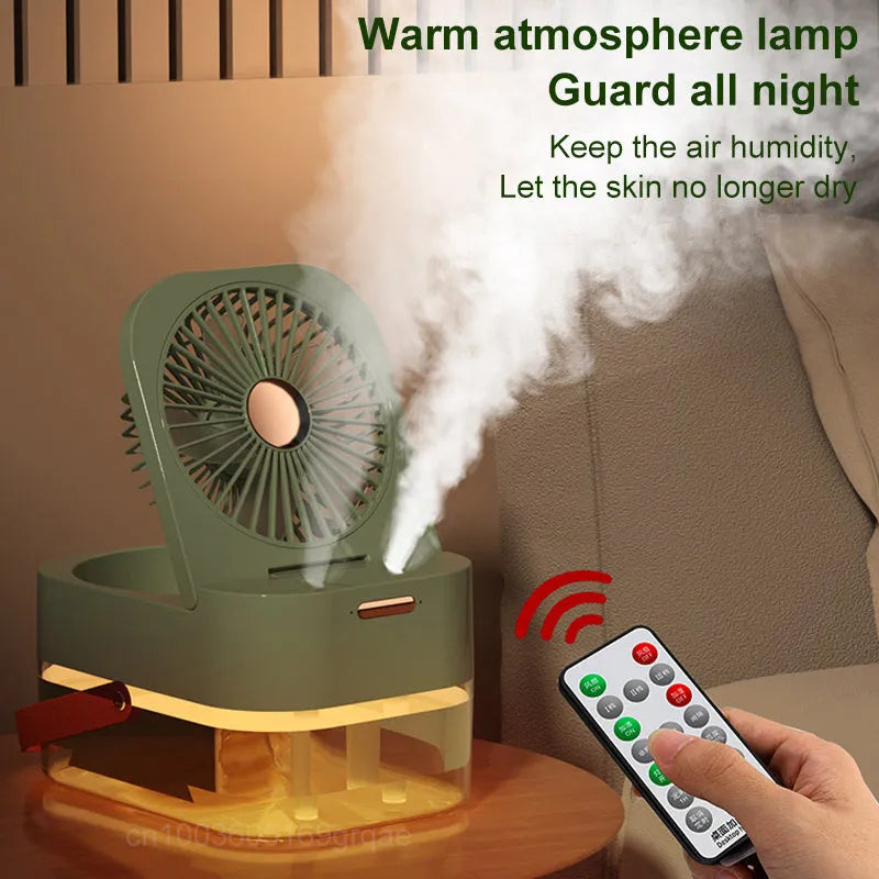 Pearl white portable USB desk fan with humidifier mist and soft night light on a wooden desk.