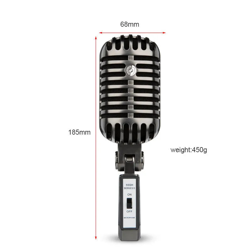 Retro-style silver condenser microphone with USB cable for PC recording and karaoke.