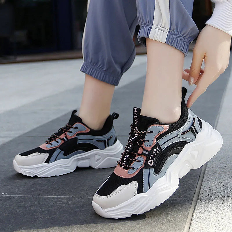 Women's white mesh casual sports shoes with thick sole and buckle detail