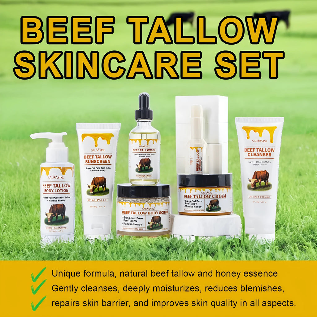 Butter Honey seven-piece skincare set with cleanser, face cream, lipstick, protective cream, body lotion, facial scrub, and beef fat