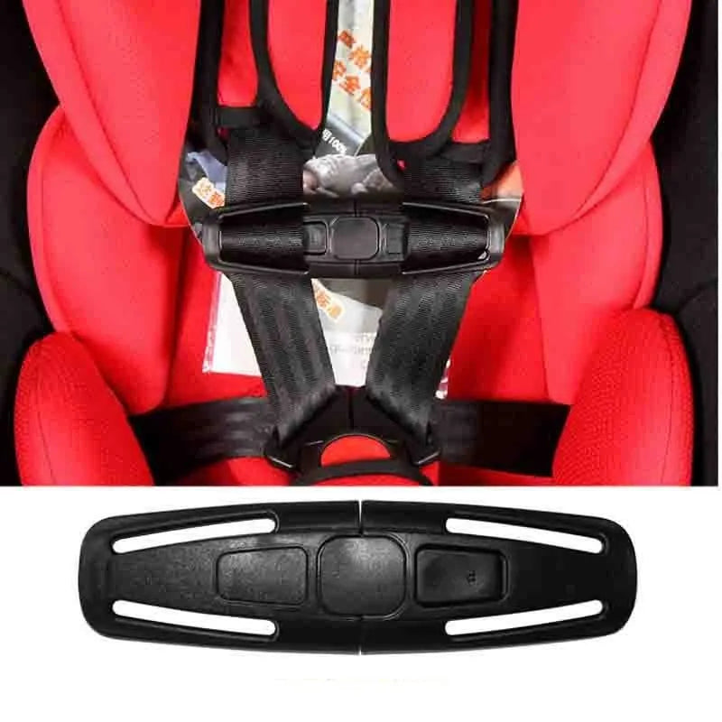 Black nylon seat belt clip for child safety seat 5-point harness systems measuring 14.5cm by 4cm