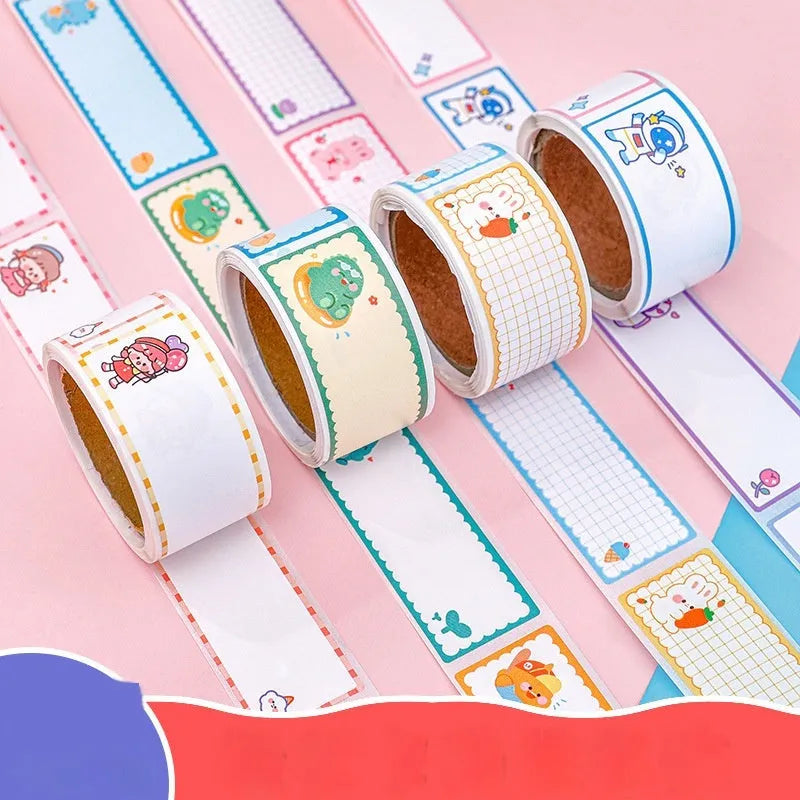 Cartoon name tape stickers in dinosaur, astronaut, rabbit, and girl designs