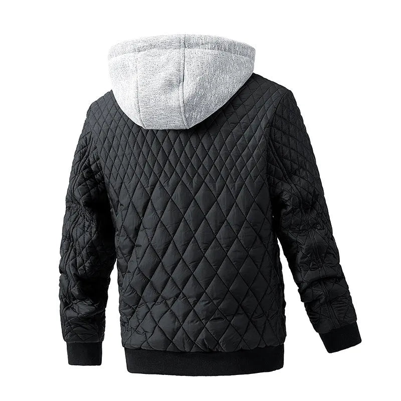Men's casual quilted jacket with removable hood, long sleeves, straight hem, regular length, in army green colour