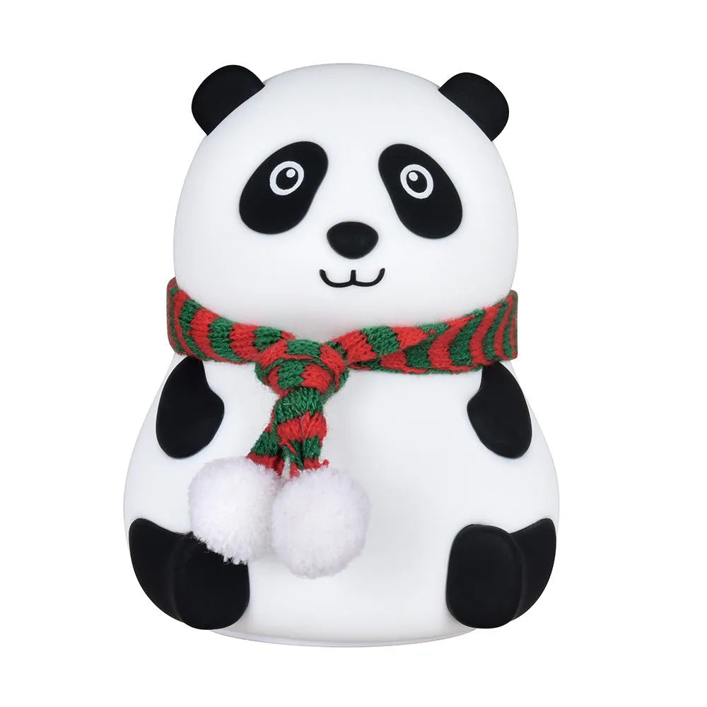 White panda-shaped silicone night light with black accents, showing its compact size and soft LED glow.