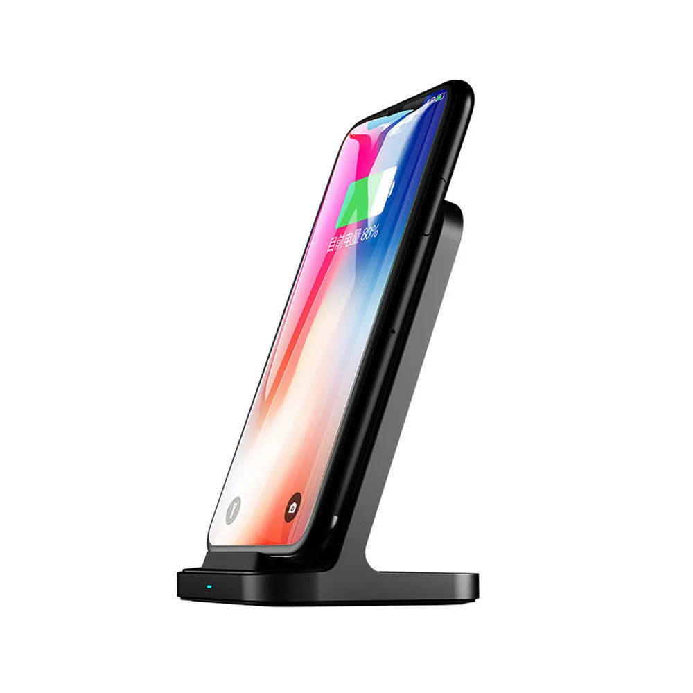 Dark grey vertical wireless charger for Apple iPhone on desktop