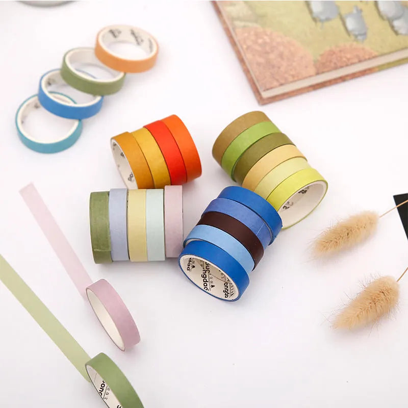 Six rolls of solid colour washi tape with solar term designs, each roll 9mm wide.