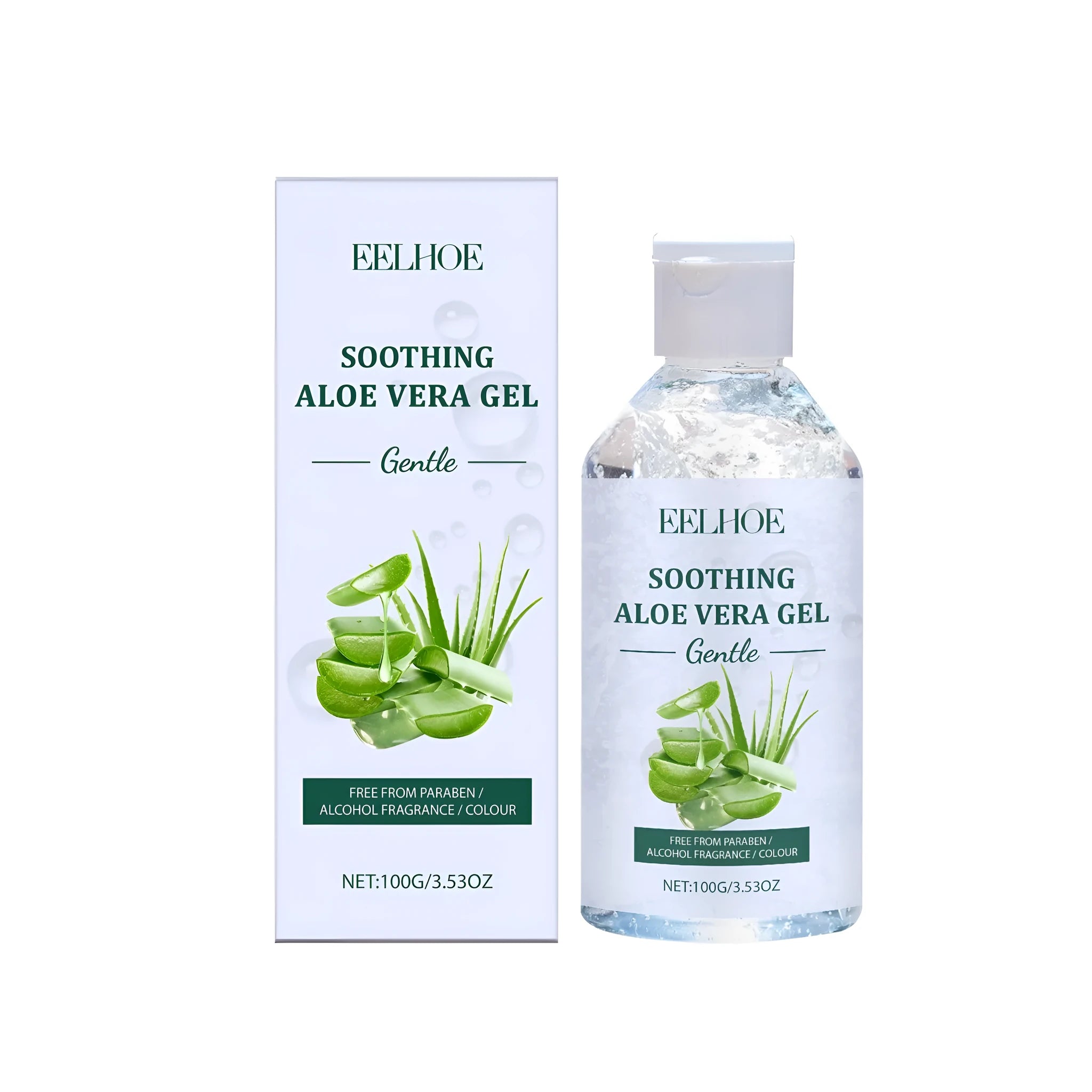 100g container of aloe gel with aloe vera and sodium hyaluronate for skincare.