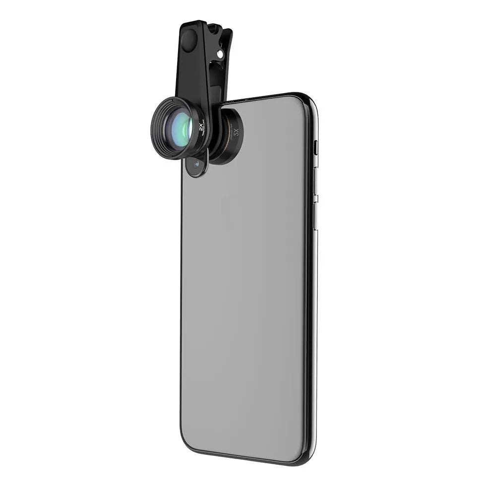 Black 6-in-1 universal smartphone camera lens kit with fisheye, macro, wide-angle, telephoto, filters, clip, and case.