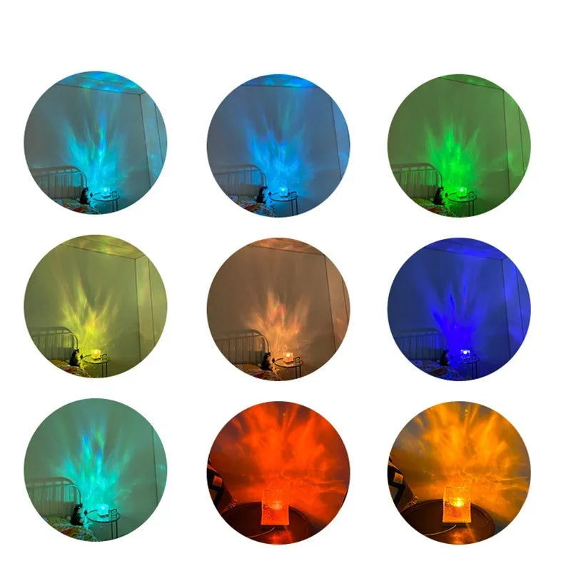 LED water ripple night light with rotating crystal projection and remote control on wooden surface