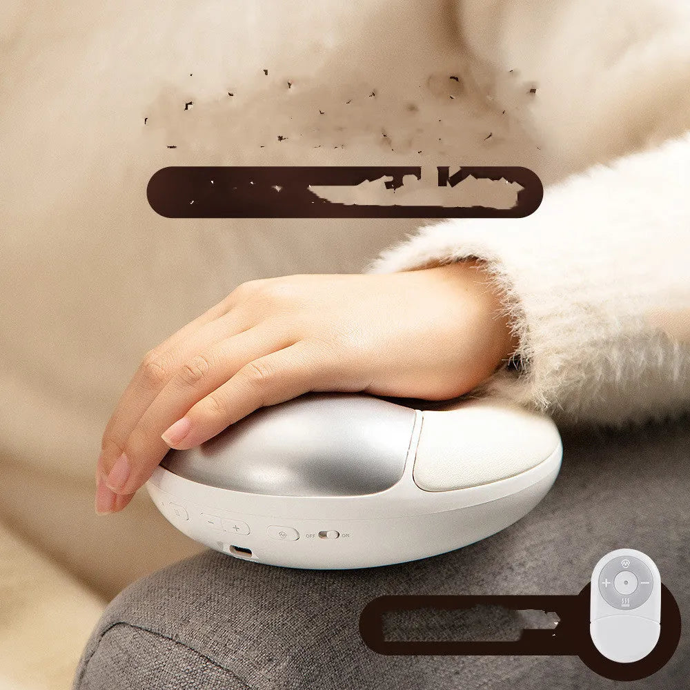 Smart electric hand massager with heat compress in pink and white on desk