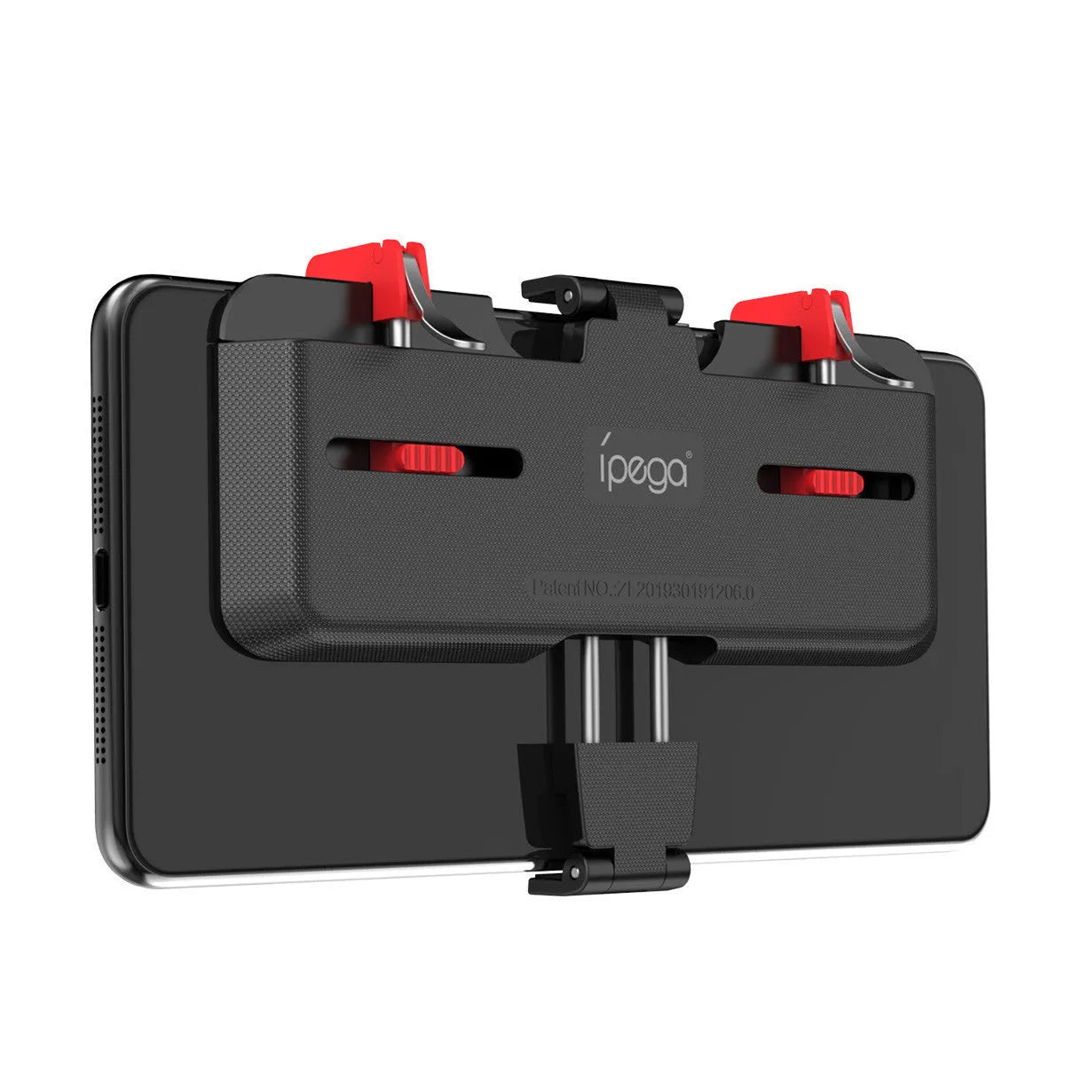 Black mobile gaming phone bracket with ergonomic handle and telescopic phone clip extended.