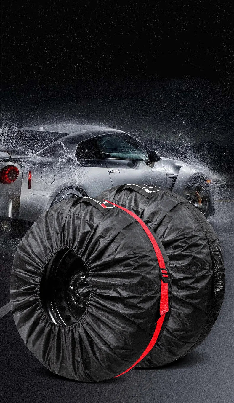 Four oxford cloth car tyre protective covers showing black belt style and red belt style options