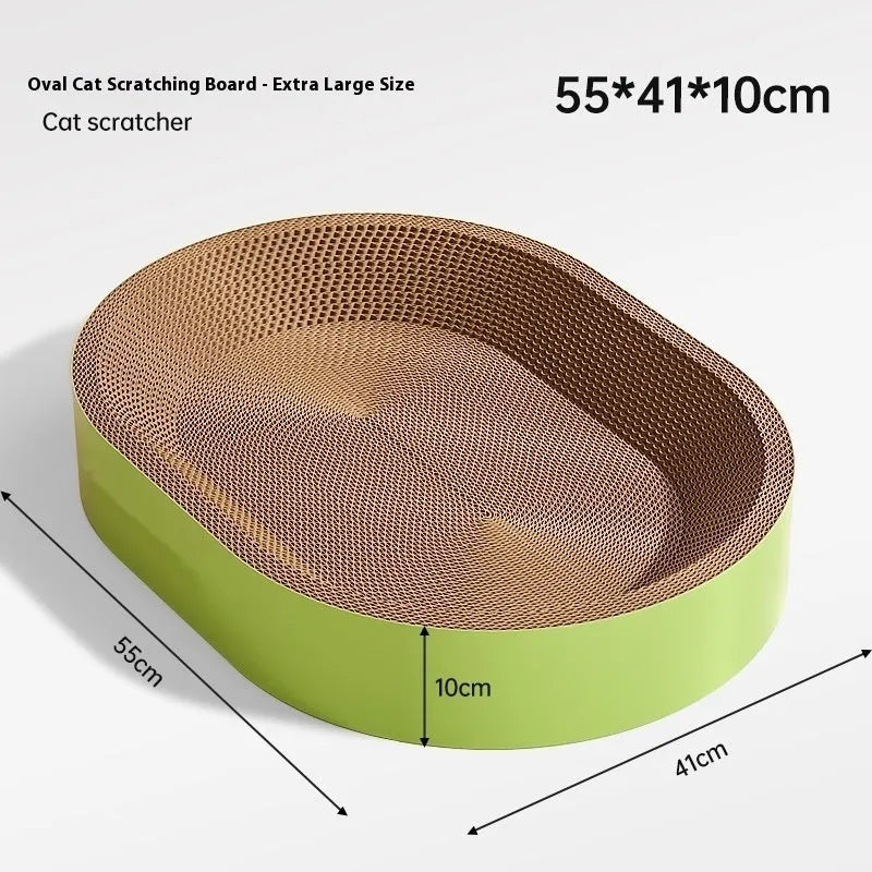 Green oval corrugated cardboard cat scratch board and nest bed, 55cm diameter