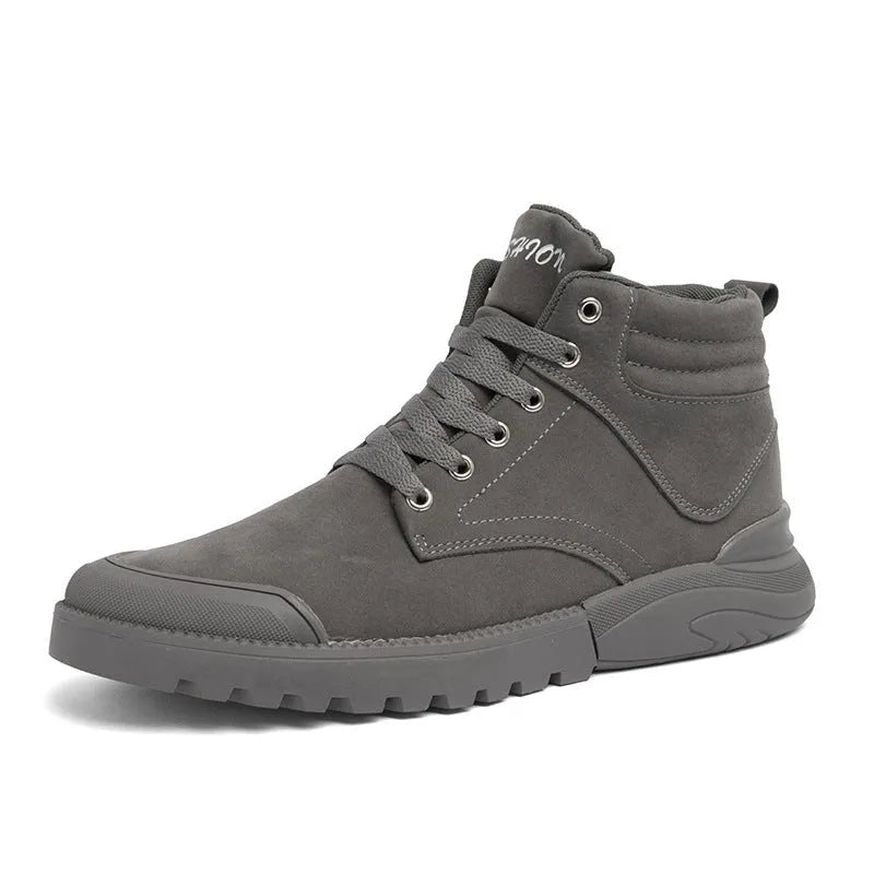 Men's winter warm plush ankle boots with suede upper, rubber sole, round toe, and front tie closure, available in multiple colours
