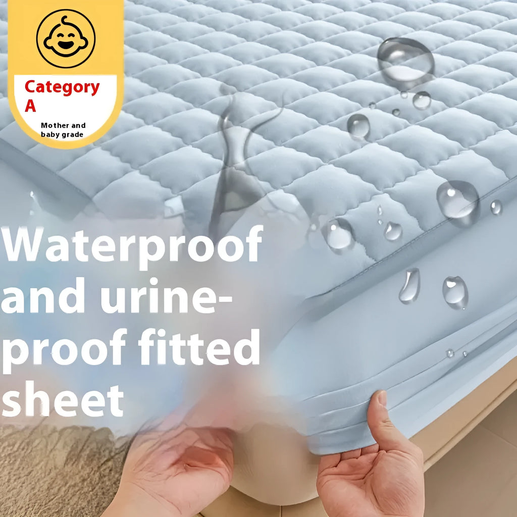 Blue waterproof fitted sheet with elastic corner stretched over a mattress.