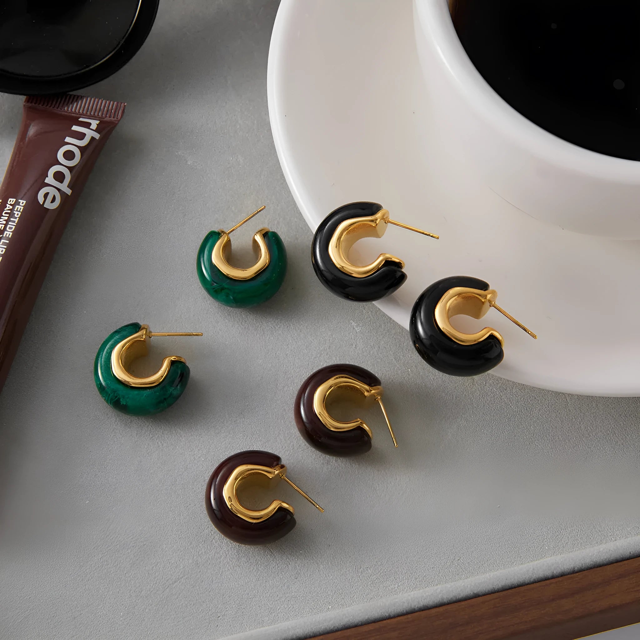 Stainless steel resin geometric ring stud earrings black bronze light luxury women