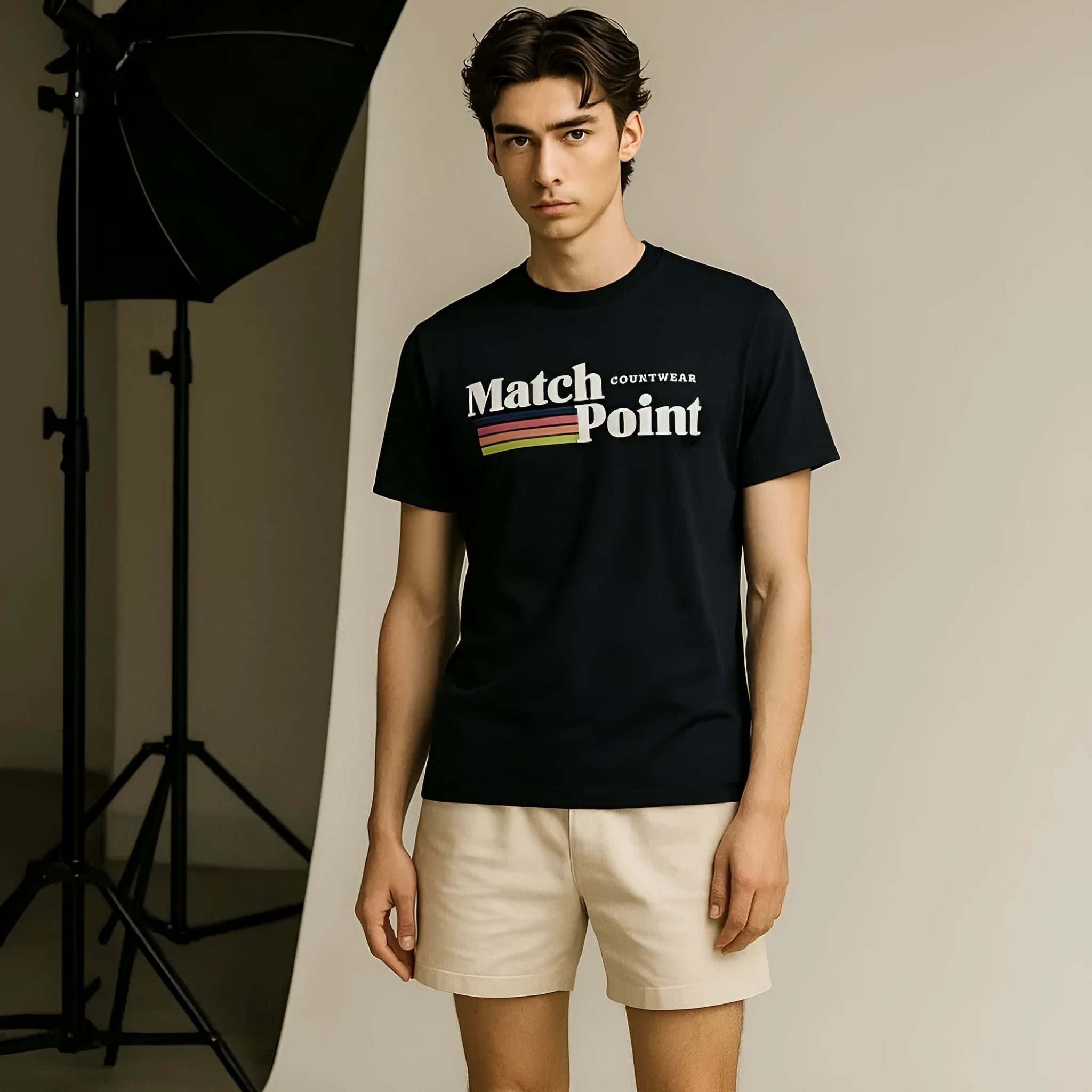 Black men's casual T-shirt with a 3D digital printed text pattern on the front.