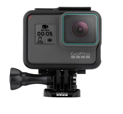 GoPro Hero camera with transparent 9H tempered glass screen protector and lens protector film applied.