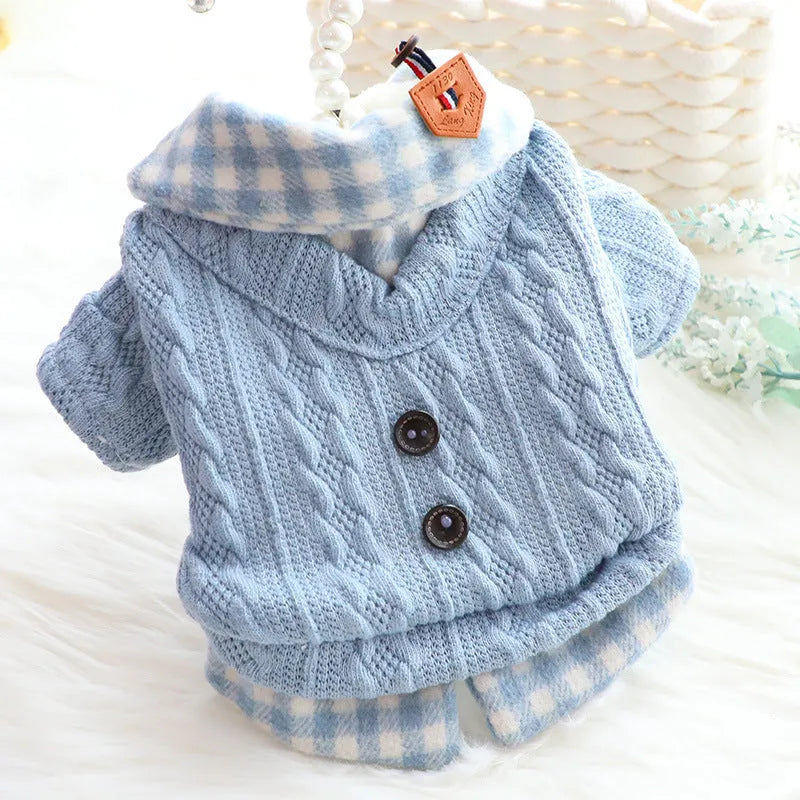 Blue plaid fleece-lined dog sweater with fake two-piece design on small dog