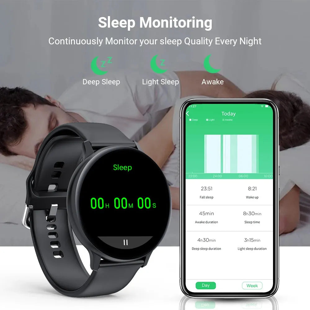 Smart bracelet sports watch with touchscreen showing heart rate display on a black TPU strap.