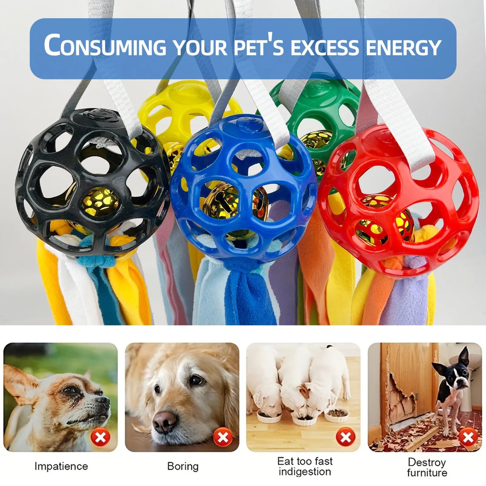 TPR hollow interactive toy ball with sound bell for dogs and cats in assorted colours.