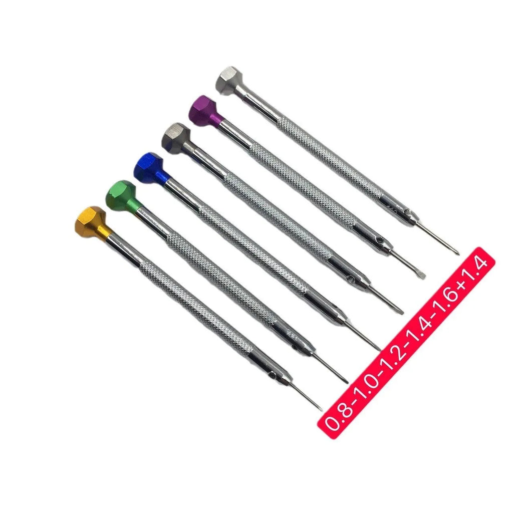 Six colour-coded watch repair screwdrivers with aluminium suits and copper handles