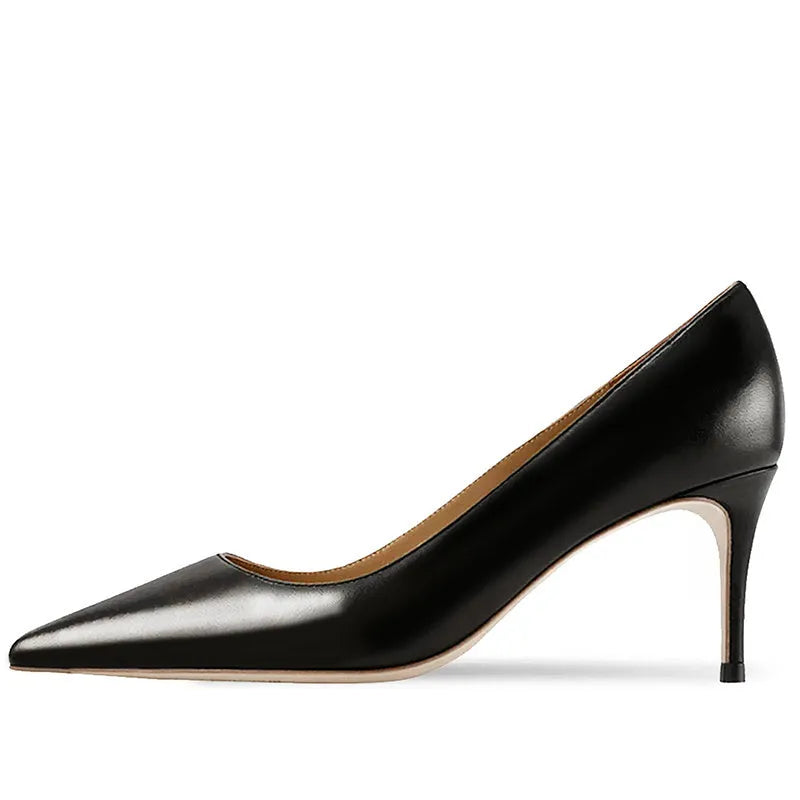 Women's black pointed toe slip-on pump with a kitten heel on a soft rubber sole.