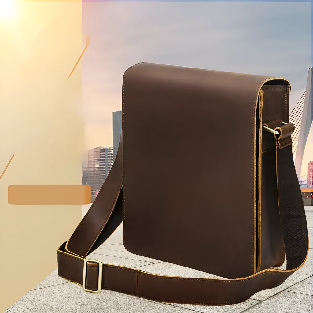 Vintage brown genuine leather crossbody bag for men with top grain finish and geometric pattern