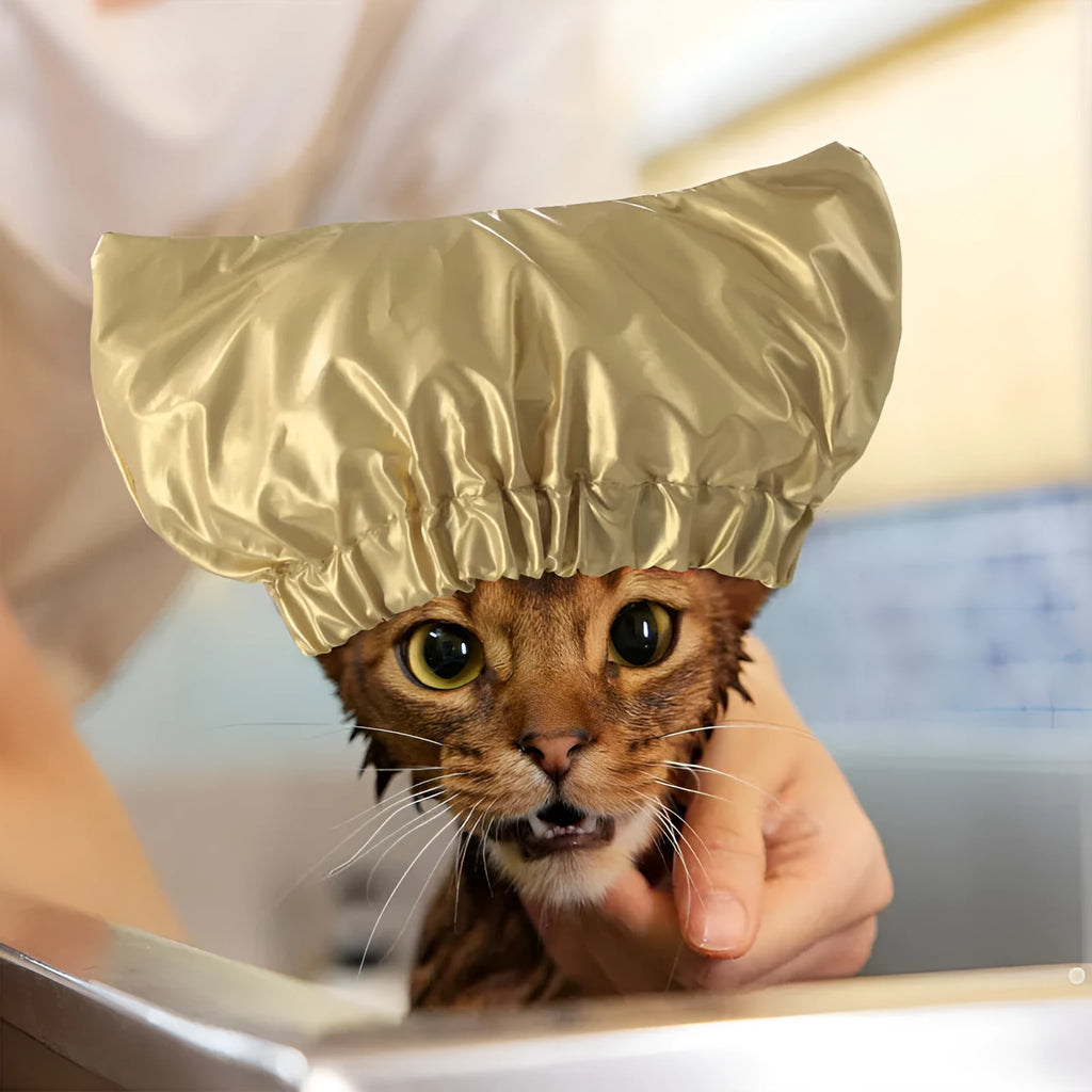 Pet shower cap in silver colour showing adjustable ear coverage and waterproof non-woven fabric construction