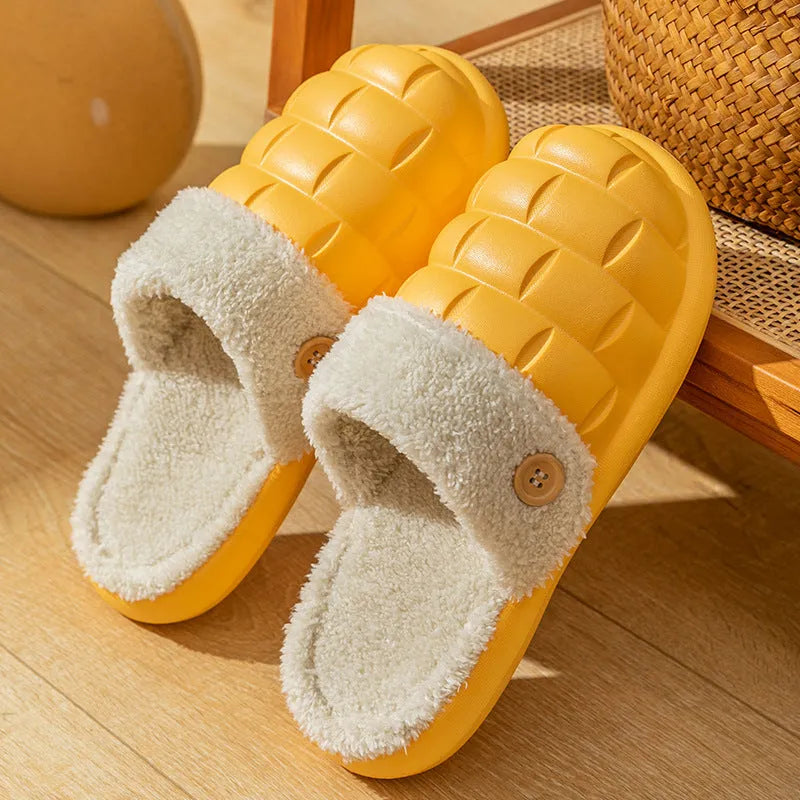 Plaid detachable EVA slippers for women in pink, shown with plush lining and flat sole.