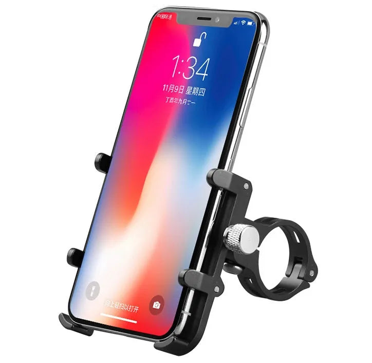 Aluminium motorcycle phone holder with rotating head on handlebars