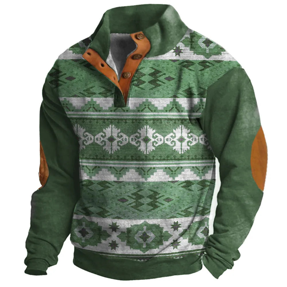 Loose fit long-sleeved sweater with 3D digital printed pattern and four-button front fastening