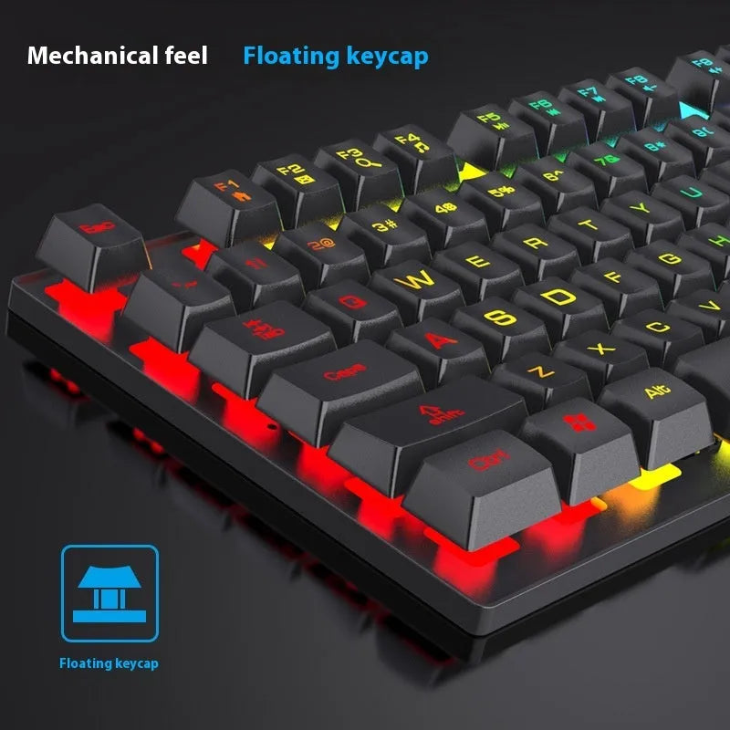 Black gaming keyboard with 104 backlit keys bundled with matching mouse on desktop