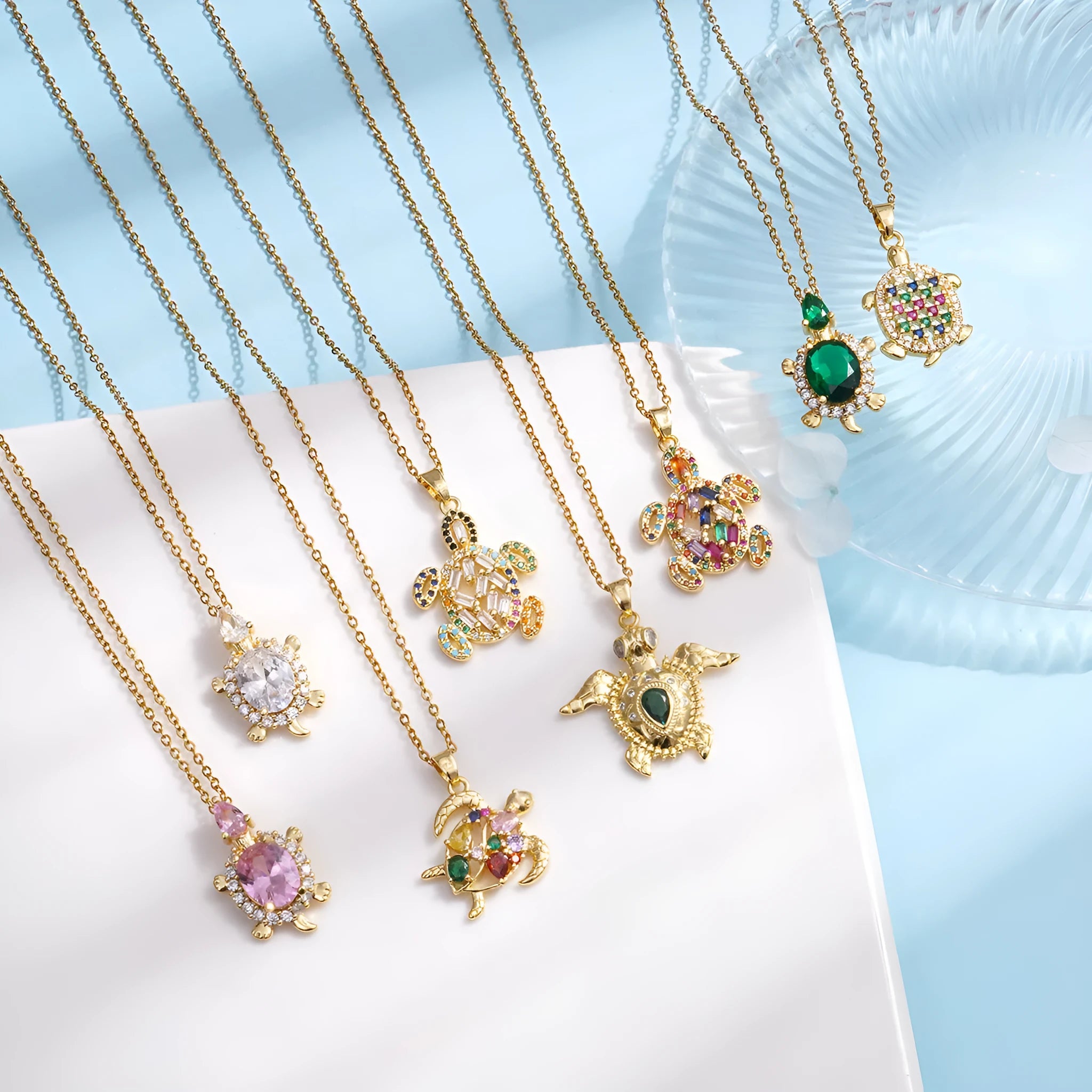 Gold-plated copper sea turtle necklace with zirconium accents and mixed gemstone inlay, O-link chain, light luxury style for women
