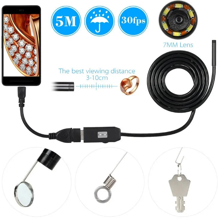 OWSOO USB endoscope camera with 5m cable, 7mm lens, six LEDs, hook, magnet, and mirror attachments
