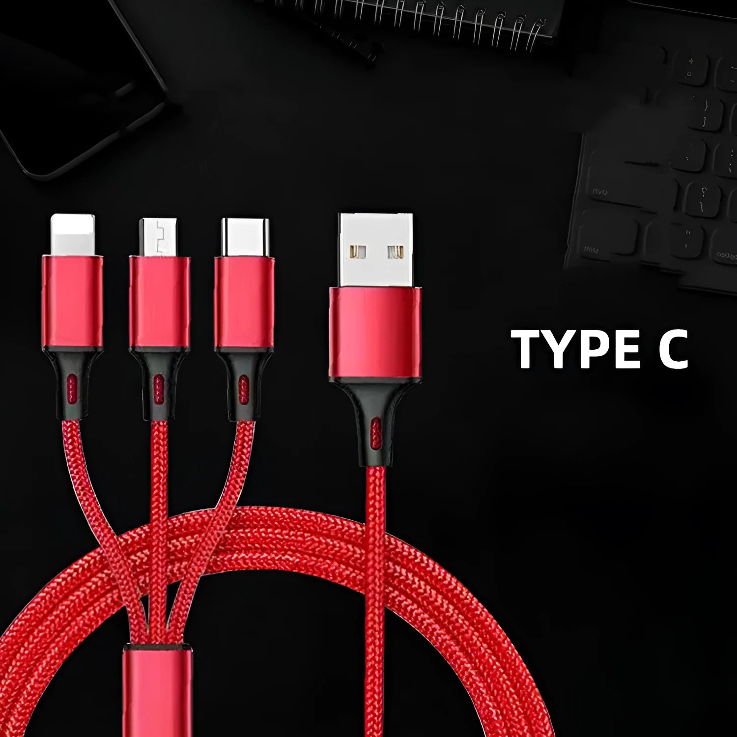 Three-in-one braided charging cable showing red, blue, gold, black, silver, and rose gold colour options