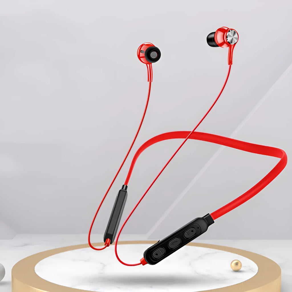 Red neckband sports Bluetooth earphones with earbuds and USB cable on a black background.