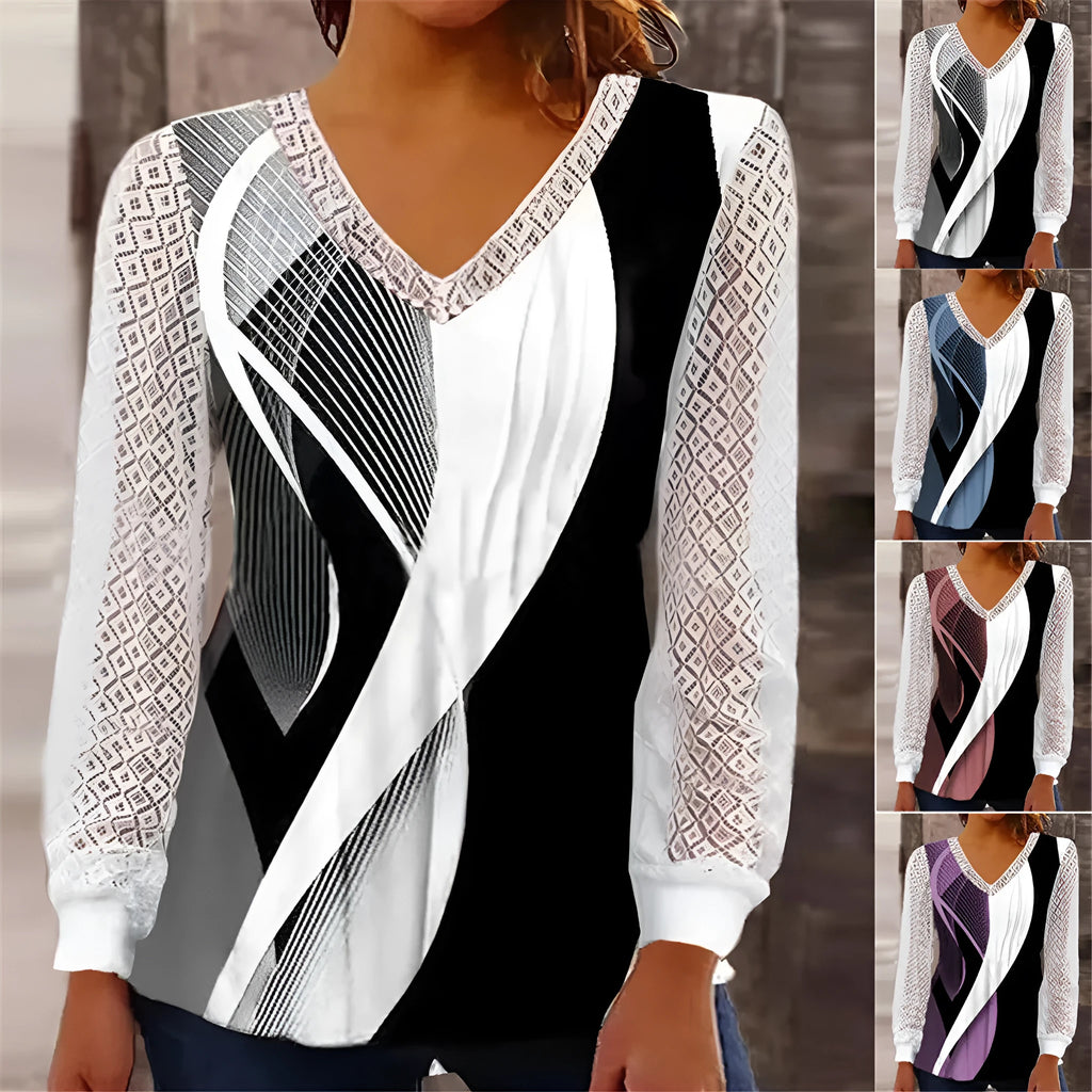 Women's v-neck loose top with hollow-out lace print in purple colour showing front view