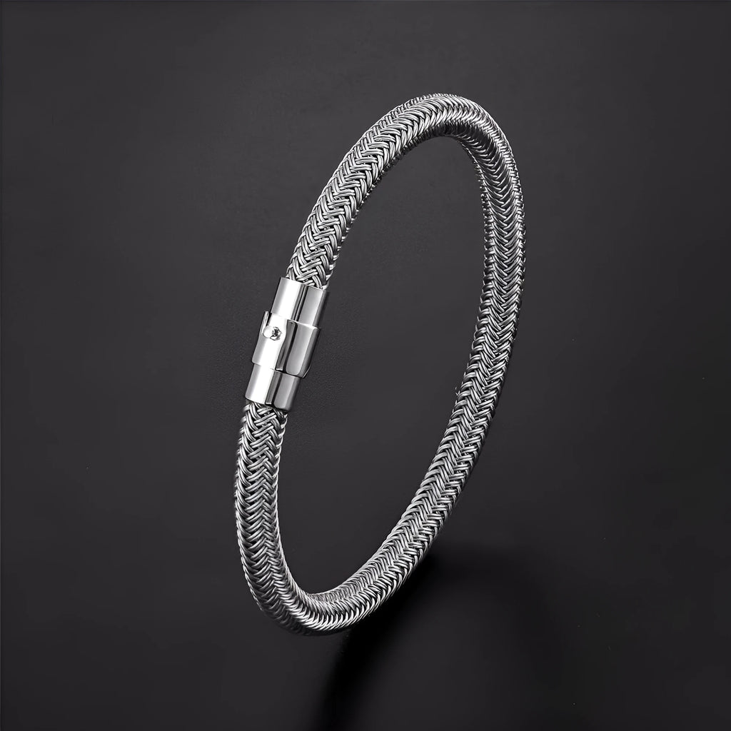 Men's titanium steel geometric bracelet with a magnetic clasp shown in one of four available colour finishes.
